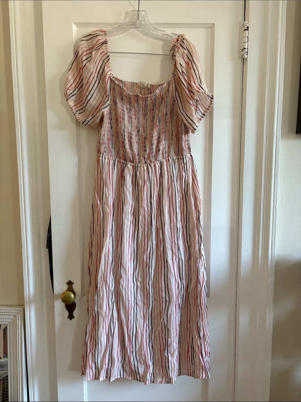 Striped Pink Puff-Sleeve Casual Midi Dress